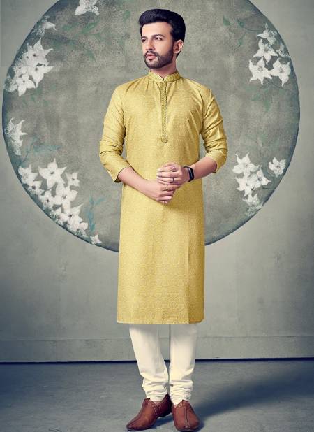 Yellow Colour Traditional Poly Digital Print Party Wear Kurta Pajama Mens Collection ERD-KP-1